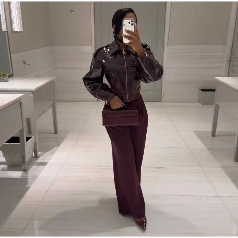 Fashion Lapel Leather Jacket Women's Full Sleeve Slim Solid Zippers Coat 2026 Spring New Lady Edgy Casual High Street Outerwear
