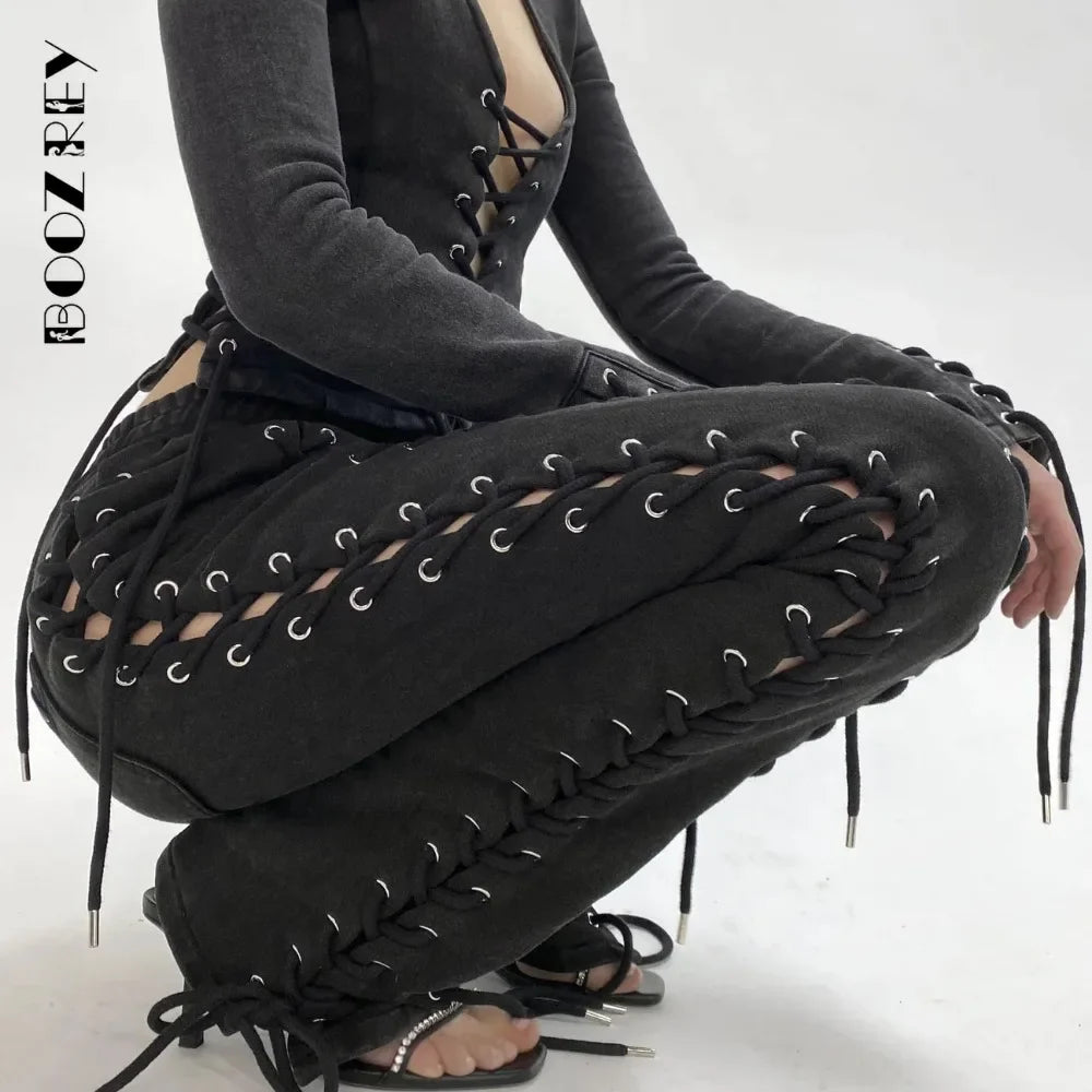BoozRey Y2k Women Pants Streetwear Low Waist Pant 90s Vintage Clothes Skinny Slim Sexy Lace Up Hollow Out Straight Trousers