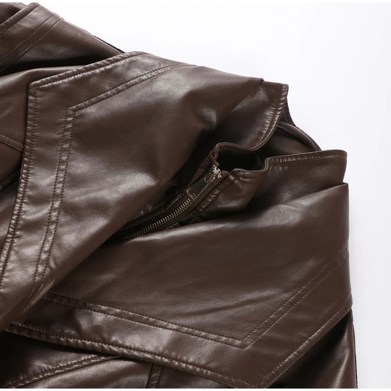 Faux Leather Jacket Women Turn-down Collar Zipper Front Puffy Sleeves Stylish Waist Cinching Coat 2025 Female Winter Outerwear