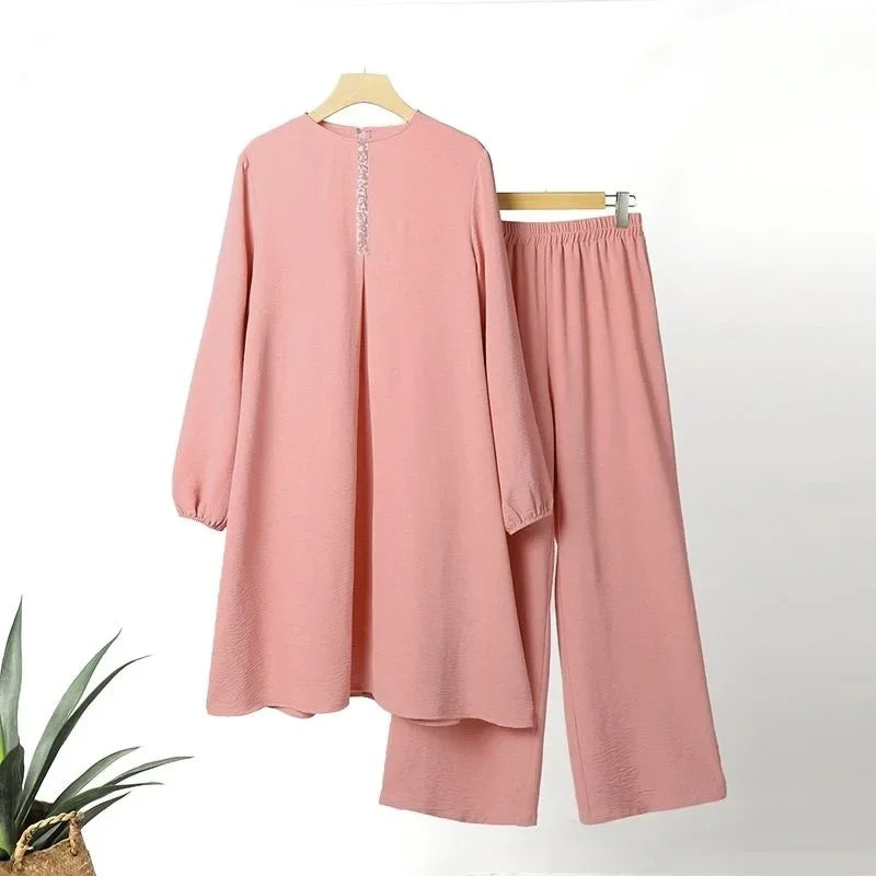 Islamic Fashion Clothing Suits for Women Spring Autumn Solid Color Elegant Abaya Long-sleeved Shirt Loose Wide-leg Pant Muslim