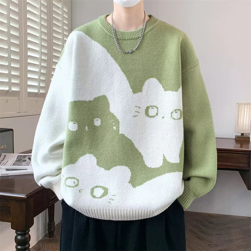 Winter Men's Anime Cat Jacquard Crewneck Knitted Sweaters Hip Hop Fashion Graphic Printed Y2K Jumpers Streetwear Knit Pullovers