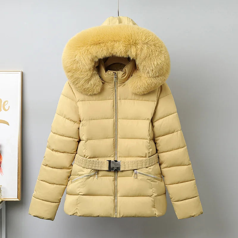 Winter Large Fur Coat Women With Belt Hooded Fur Collar Puffer Jacket Women New Warm Loose Parka Ladies Cotton Padded Overwear