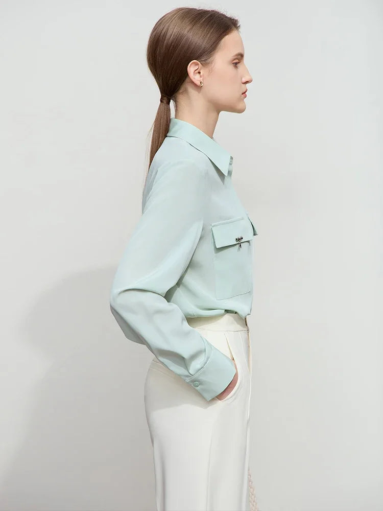 AMII Minimalist Chiffon Shirt Women 2025 Spring New Temperament Gentle Lapel Bamboo Work Pocket Concealed Button Tops 12521032