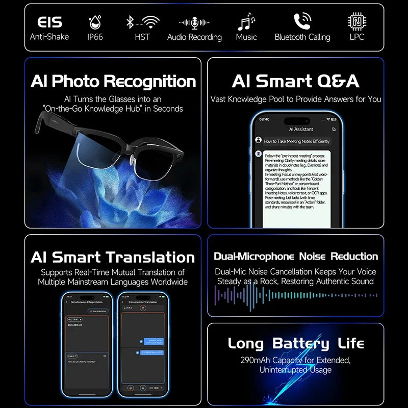 AI Smart Translation Smart Glasses 8 Million HD Camera Optical Image Stabilization Dual Microphone Noise Reduction Smart Glasses