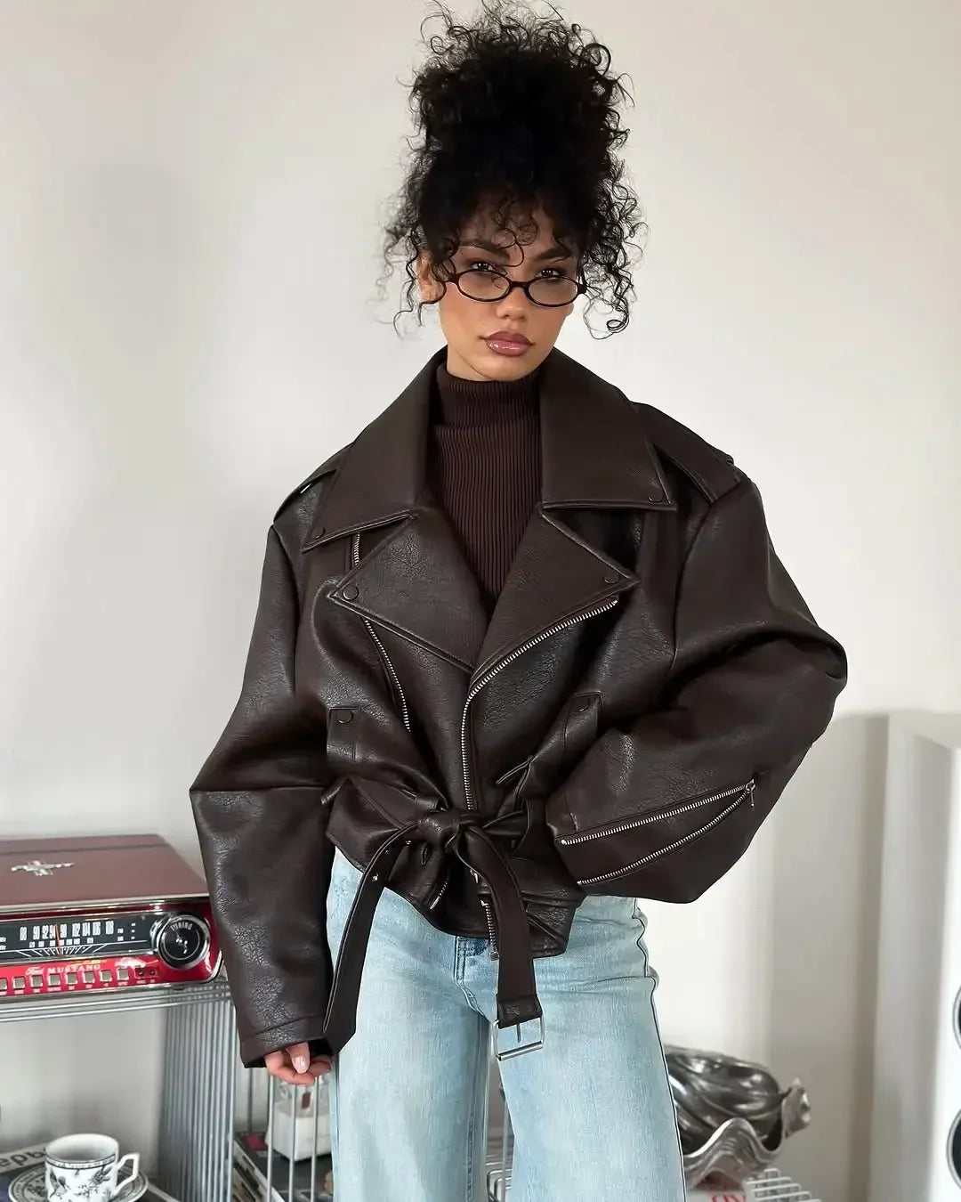 Women's Dark Red Zipper Leather Short Jackets Chic Long Sleeve Lace Up Lapel Loose Button Coat Lady Daily High Street Wear 2025