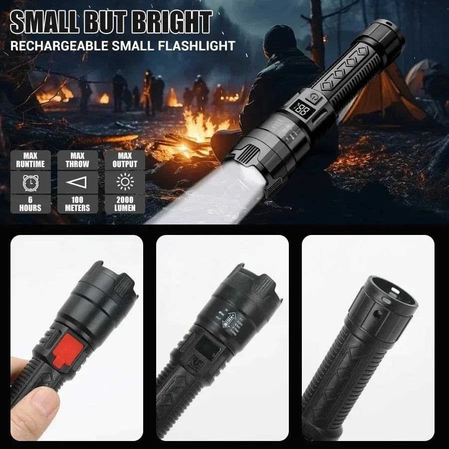 Strong Light Ultra Bright 2000LM LED Flashlight USB Rechargeable Long Range Zoom Tactical Torch Outdoor Camping Fishing Lantern