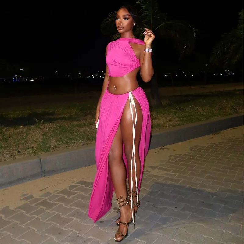 Dulzura 2025 Summer Solid O-Neck Backless Slim Lace Up Side Slit Long Dress Women'S Sexy Elegant Dress Party Club Street Clothes