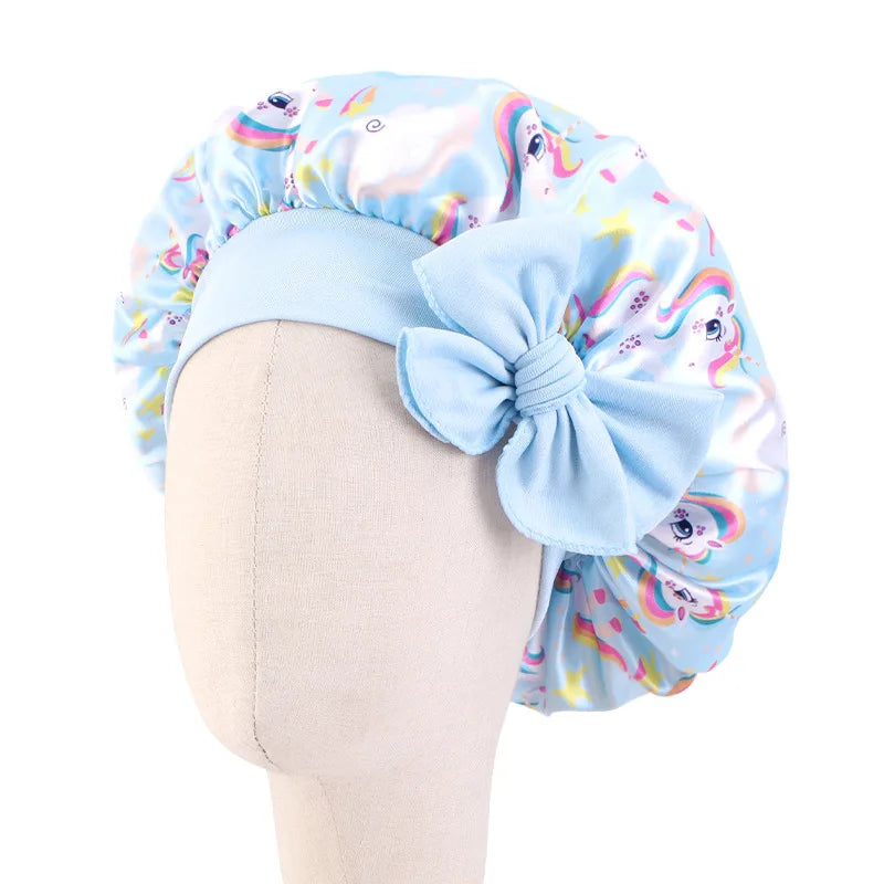 Adjustable Silky Satin Cap  Cartoon Baby Kids Print Satin Bonnet Sleep Hat Cap for Curly Hair