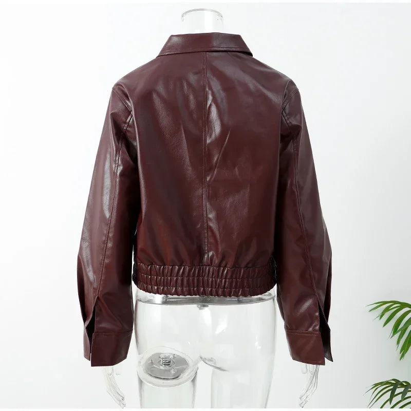 Women's Dark Red Zipper Leather Short Jackets Chic Long Sleeve Lace Up Lapel Loose Button Coat Lady Daily High Street Wear 2025