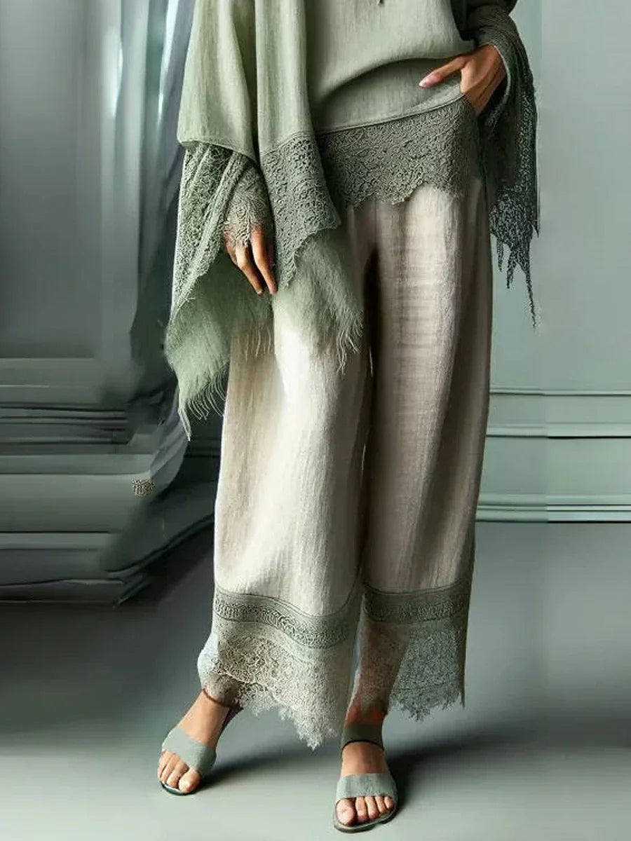Women's Casual Trousers Fashion Bohemian Ethnic Style Sexy Lace Patchwork Solid Color High Waist Loose Women's Wide-Leg Pants