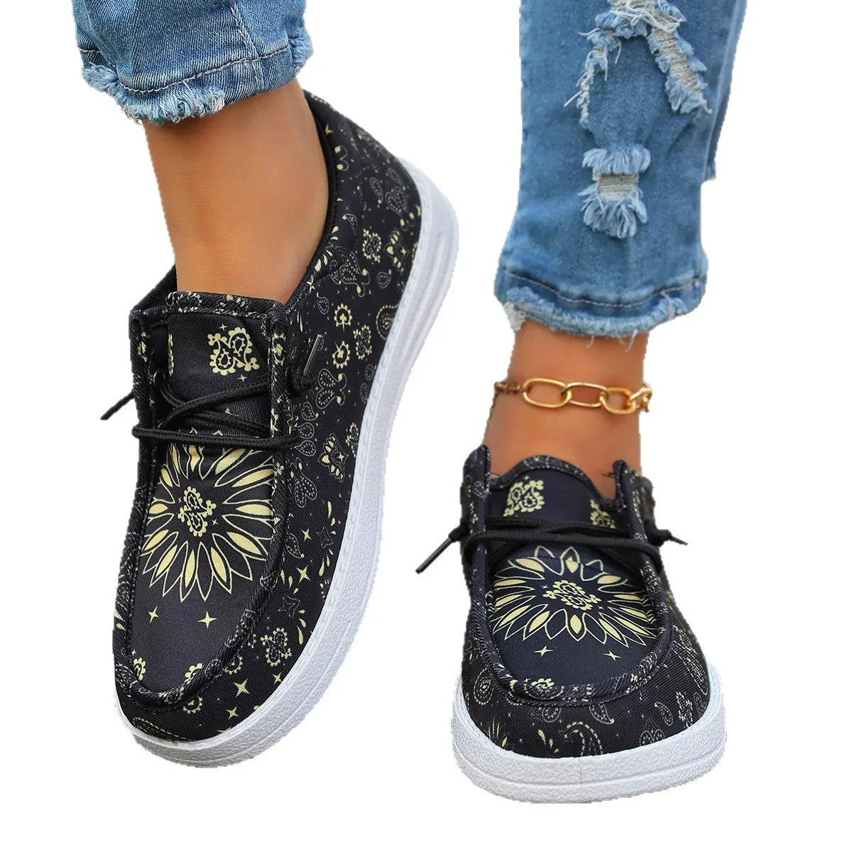 Casual Flat Laced Women's Loafers Spring New Style Breathable Canvas Shoes Comfortable Spring Autumn Winter Seasonal Flats