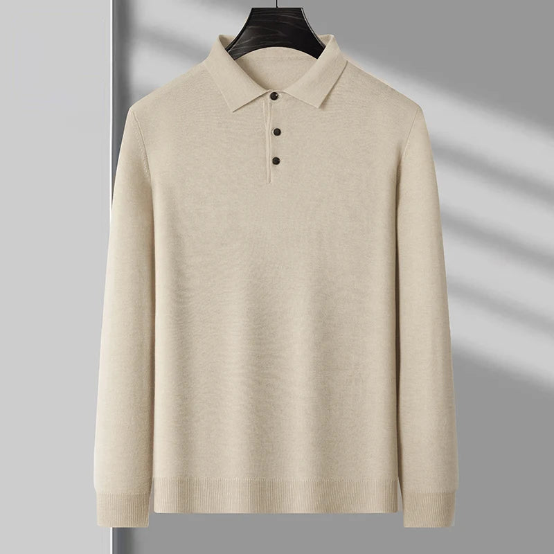 Men's Fine Wool Sweater Polo Collar Pullover Spring Autumn New Cashmere Knitwear Smart Casual Loose Men's Shirts Warm Soft Tops