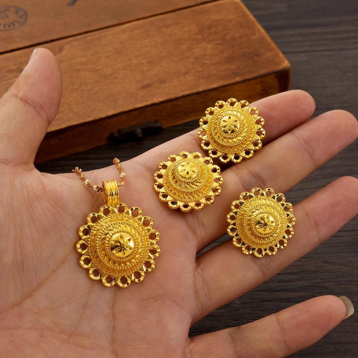 Gold Color Ethiopian Jewelry Sets Necklace Earrings Ring 3-piece Sets Dubai Wedding Bride Sets African Gifts #TZ048
