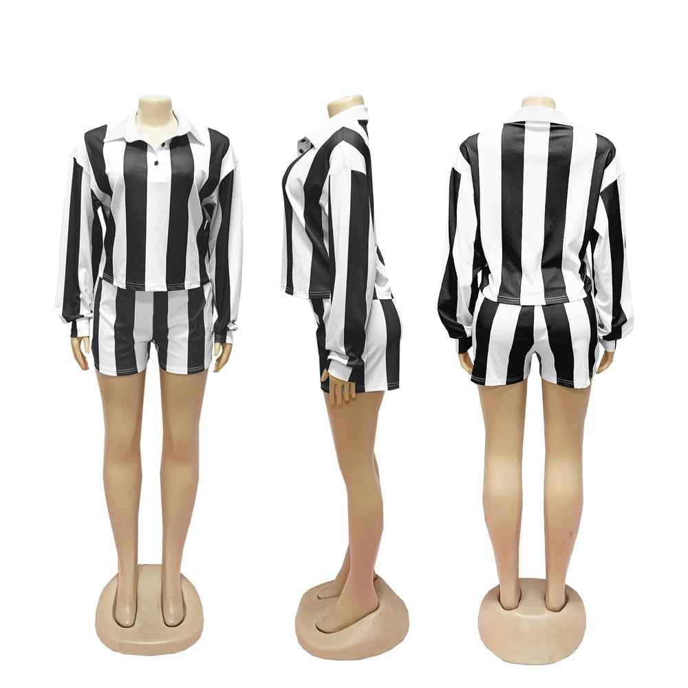 Women's Clothing Fashion Striped Sets Long Sleeve Polo-Neck T Shirt and Shorts 2025 Spring Summer 2 Two Piece Set Tracksuit