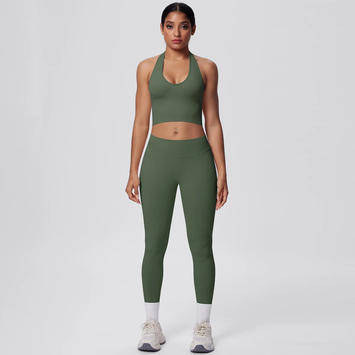 Solid Color Backless Breathable 2pieces Set for Woman High Strength Training Yoga Set Hanging Neck Bra Gym Push Up Fitness Pants