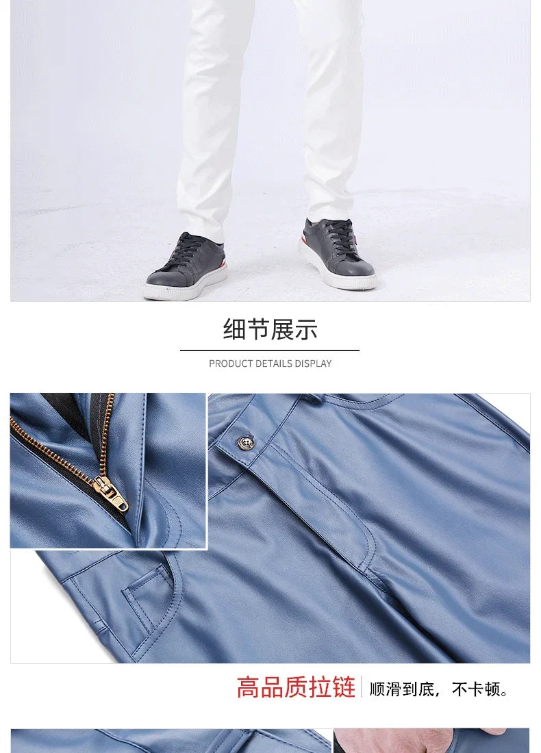 Spring Autumn Stretch Skinny Faux Leather Pants Men Black White Red Blue Khaki Grey PU Pants Plus Size 40 Men Joggers
