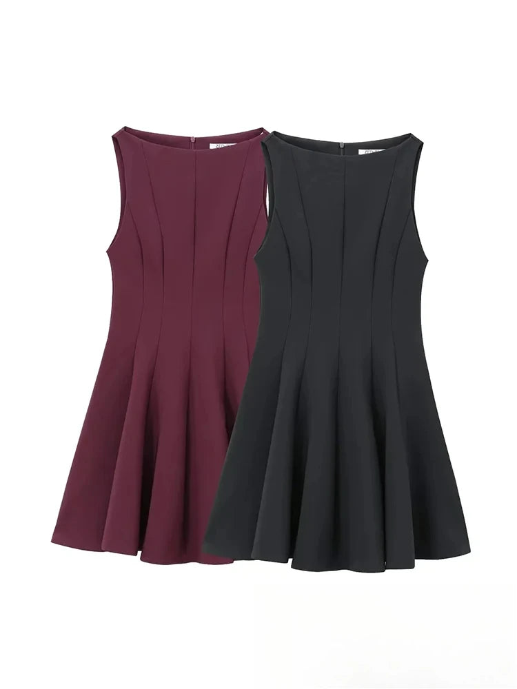 KONDALA Vintage Casual Chic  Women Dress Solid Sleeveless O-Neck Zipper Mini Dress New Fashion 2025 Spring Summer Female Dress