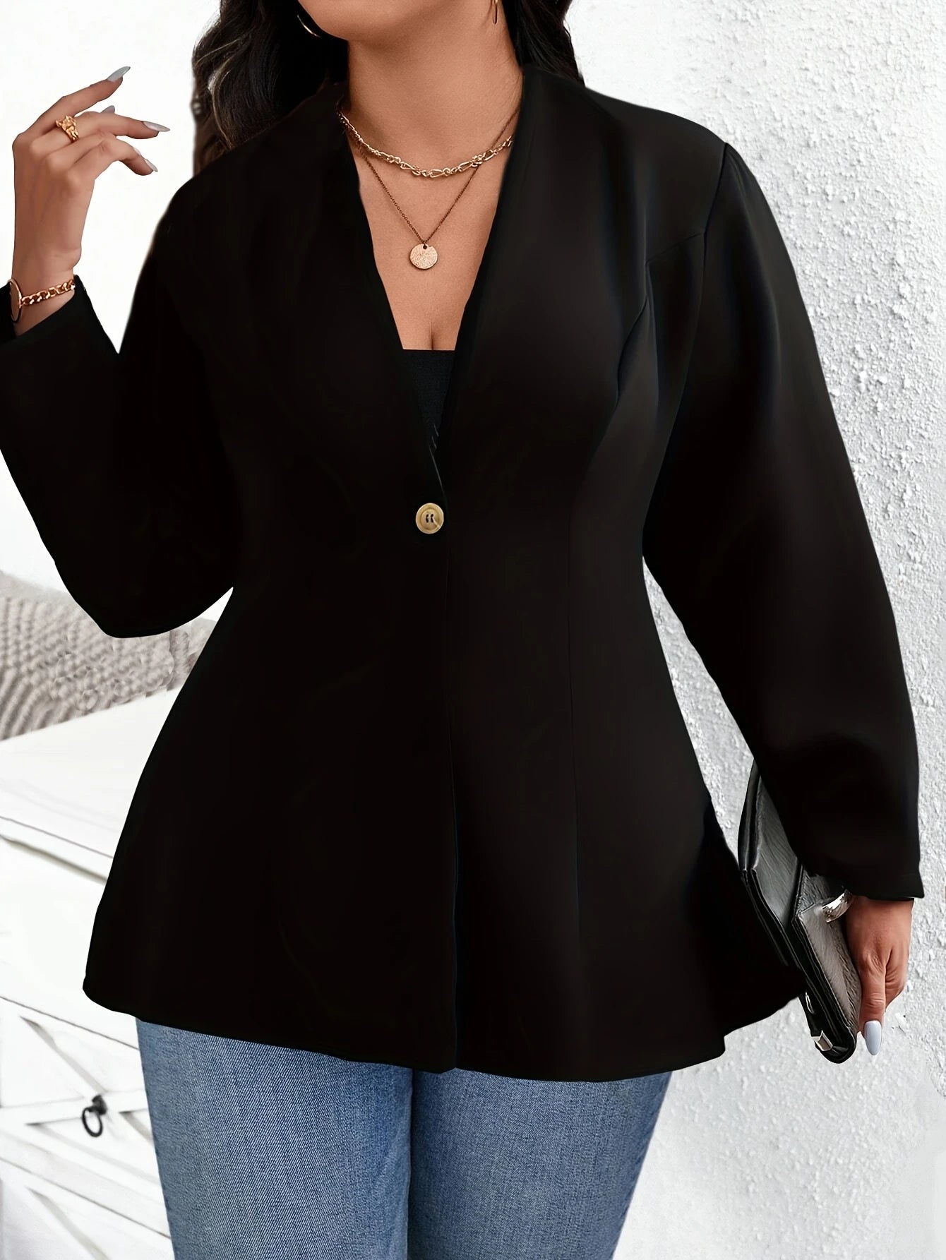 Plus Size Women's Solid Single-Breasted Blazer Elegant Long Sleeve Office Workwear Casual Chic Size-Inclusive Business Blouse