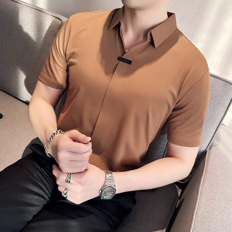 Luxury Purple Polo Shirts For Men High Quality Summer Short Sleeve Men's Polos Ice Silk Elastic Slim Fit Turn Down Collar Tees