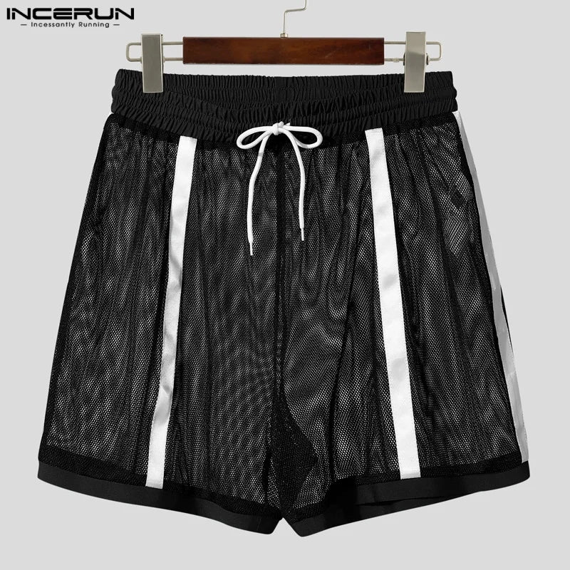 INCERUN Men Shorts Mesh Patchwork Drawstring Loose Transparent Male Shorts Streetwear Summer 2025 Sexy Vacation Men Bottoms