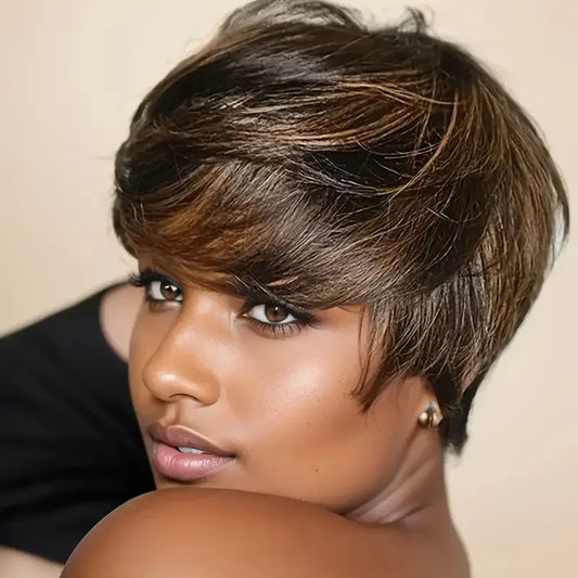 Pixie Cut Wig with Bangs 100% Brazilian Remy Human Hair Natural Black Short Bob Style Full Machine - Made wig