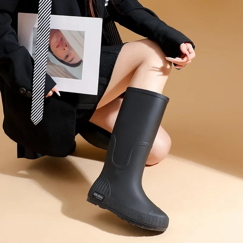 Women's High-Top Rain Boots Spring Autumn Waterproof Slip-Resistant Long Tube Shoes for Outdoor Work PVC Material Knee-High