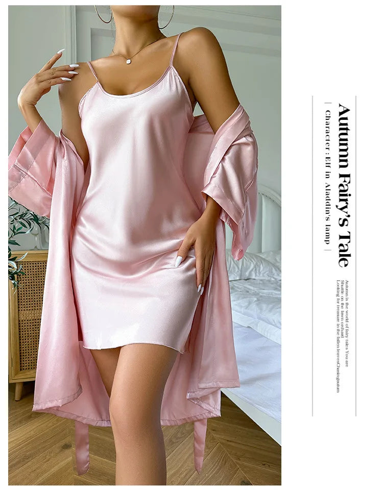 Silk Satin Women Nightgown Set Sleeveless Sling Dress & Long Sleeves Waist Belt Robe 2 Pieces Female Sleepwear Autumn Nightwear
