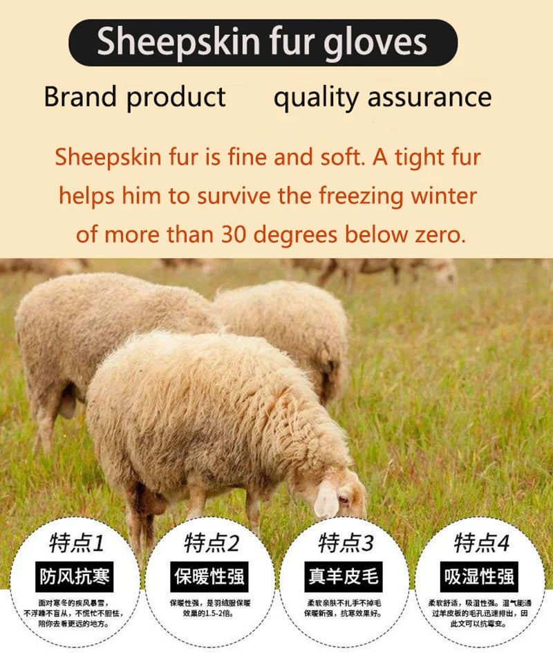 Winter Thickened Children's Sheepskin Fur Gloves Boys and Girls Windproof Warm Students Cold-Proof Leather Finger Gloves