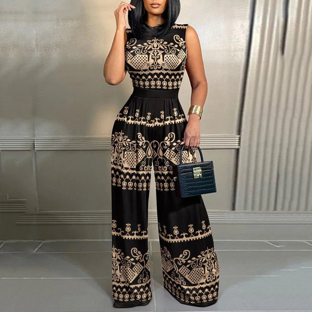 Elegant Women's Wide-leg Long Jumpsuit Spring And Summer Fashion Printed Sleeveless Casual Mid-waist Straight Jumpsuit Trousers