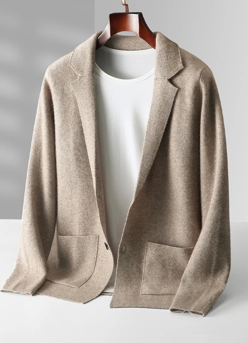 100% Pure Wool Cardigan Men's Spring And Autumn High-End Outerwear Sweater Casual Small Suit Jacket Olive Collar Sweater