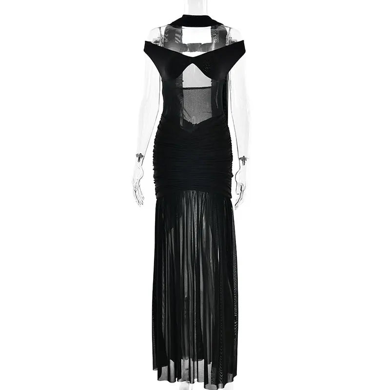 GACVGA Mesh Patchwork Sexy Bodycon Maxi Dress Women Draped Gown Summer Halter Backless Ruched High Split Club Party Long Dress