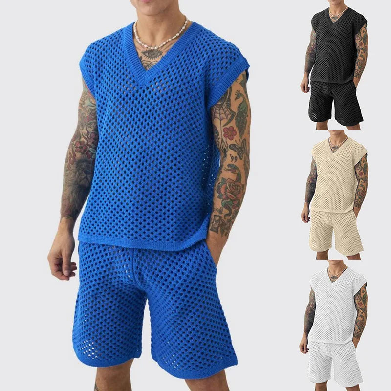 New Men's Summer Casual Knit V Neck Two-piece Sets Fashion Solid Loose Tank Tops and Shorts Sport Suit Men Hollow Out Streetwear