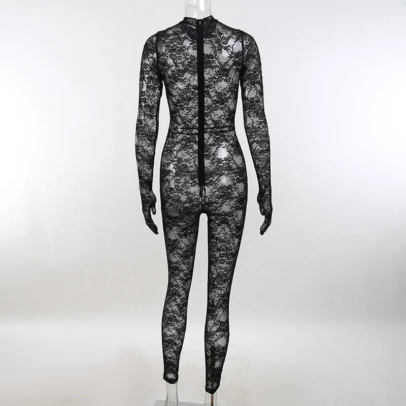 Mesh Sheer Hollow Out Long Sleeve Sexy See Through Skinny Exotic Jumpsuit Bodycon Summer Women Outfit Night Party with Gloves