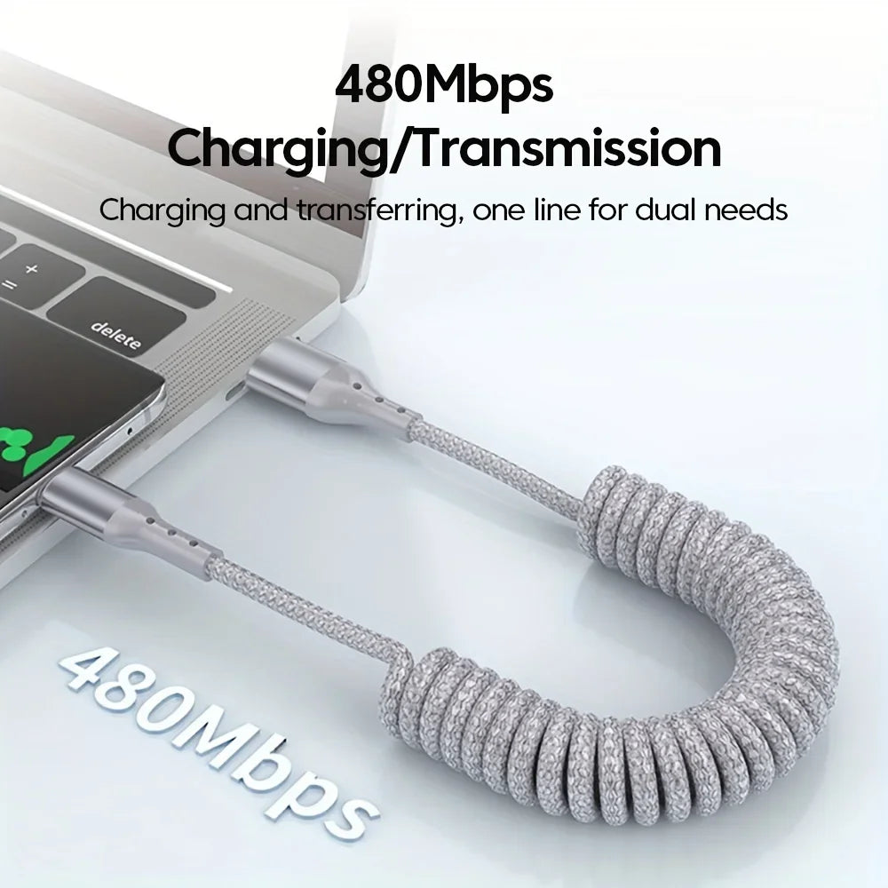Spring Car Charger Cord 3A Fast Charging USB Cable For iPhone 14 11 12 13 Pro X XS Max 6 7 8 Plus SE iPad Data Wire