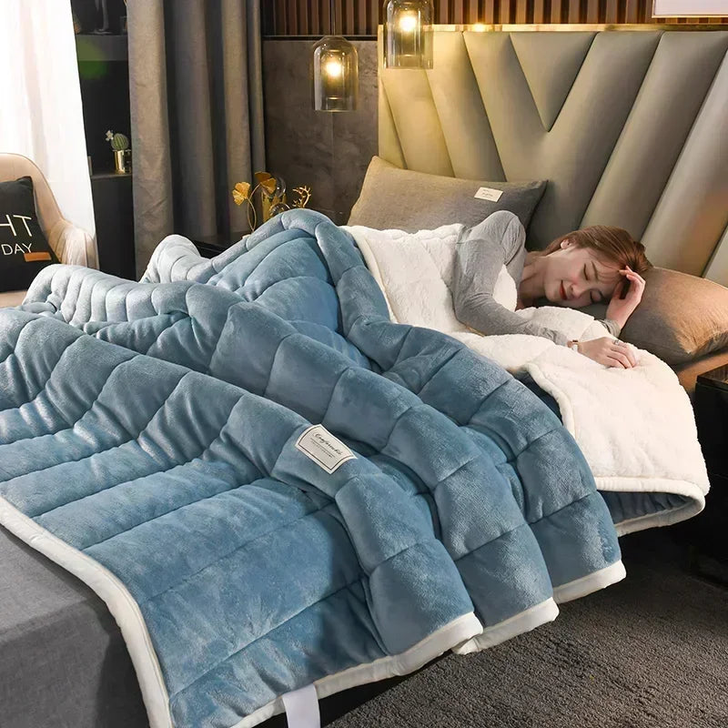 Coral Fleece Autumn Winter Warm Blankets for Bed 3 Layers Thicken Flannel Blanket Quilt Soft Comfortable Warmth Quilts Washable