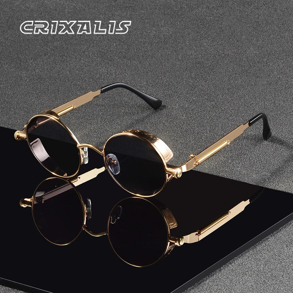 CRIXALIS Vintage Round Sunglasses Retro Steampunk Sun Glasses for Men Women Small Metal Circle Driving Party Glasses UV400