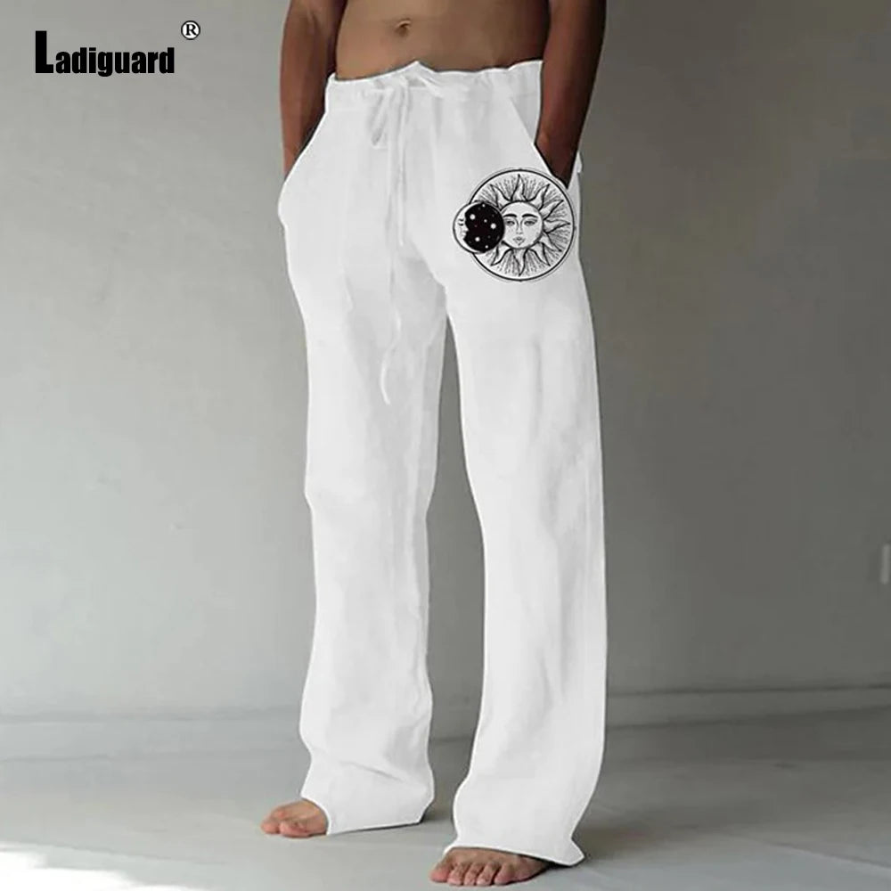 Plus Size 5xl Mens Loose Pants 2025 Summer Casual Linen Pants Male Fashion Print Trouser Men Patchwork Drawstring Leisure Pant