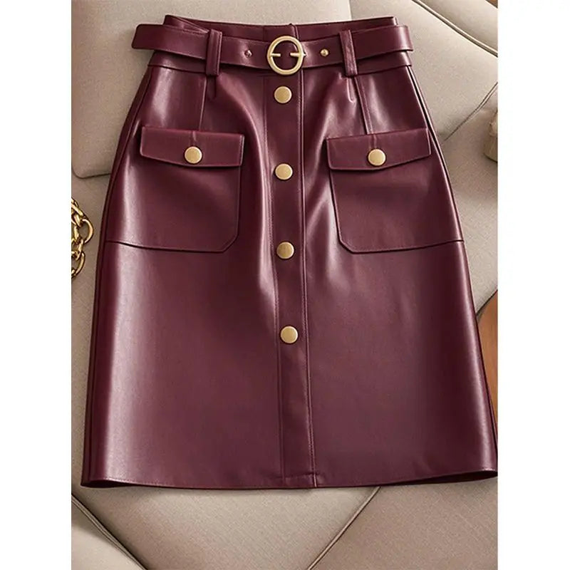 2024 autumn new high-end and super good-looking A-line skirt, fashionable and high-end wine red leather  black skirt