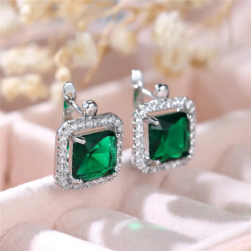Female Luxury Green Square Zircon Stone Clip Earrings Charm Silver Color Wedding Jewelry For Women