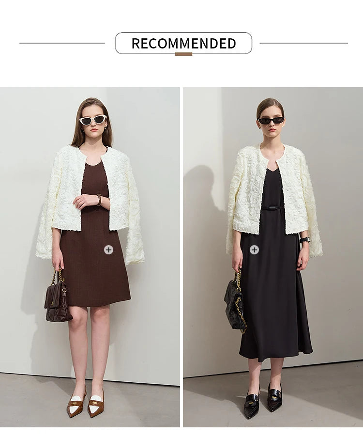AMII Minimalism Short Jacket Women 2025 Autumn New Elegant Romantic Stereoscopic Flower O-Neck Hook Button Outwear Coat 12521066
