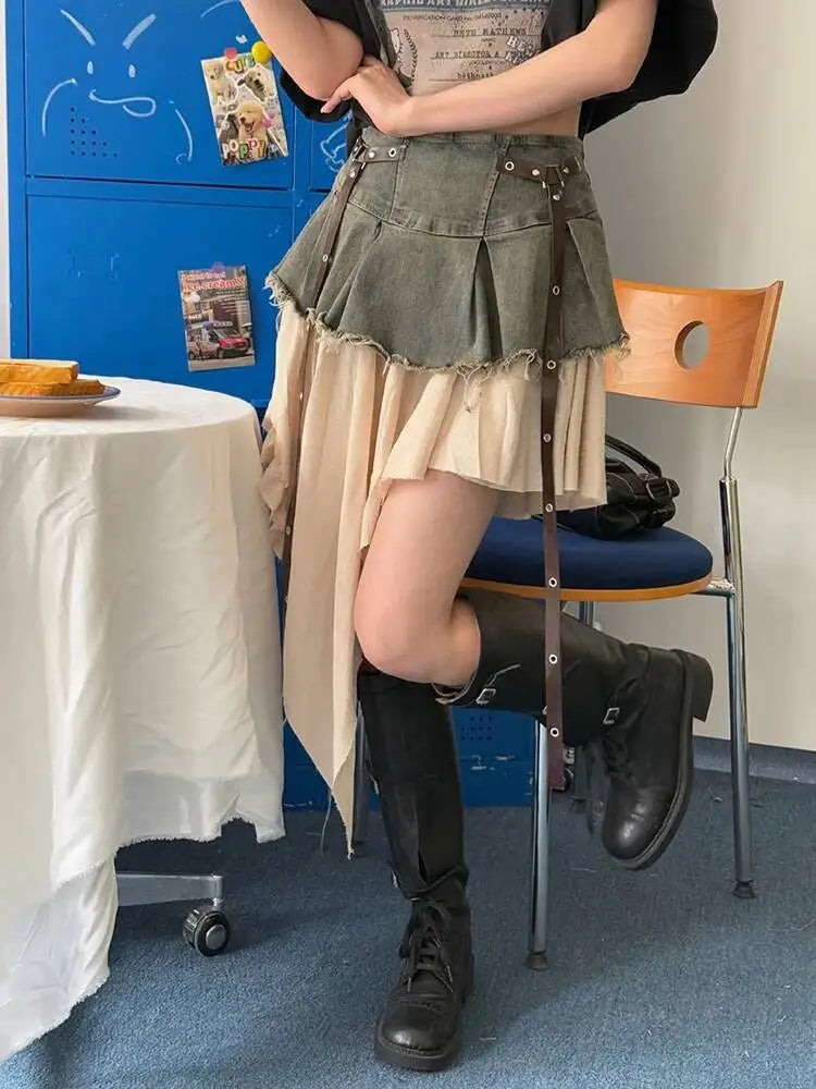 EAM Color-block Irregular Spliced High Elastic Waist A-line Mini Denim Skirt Women Fashion Tide New Spring Autumn 2026 30A3307