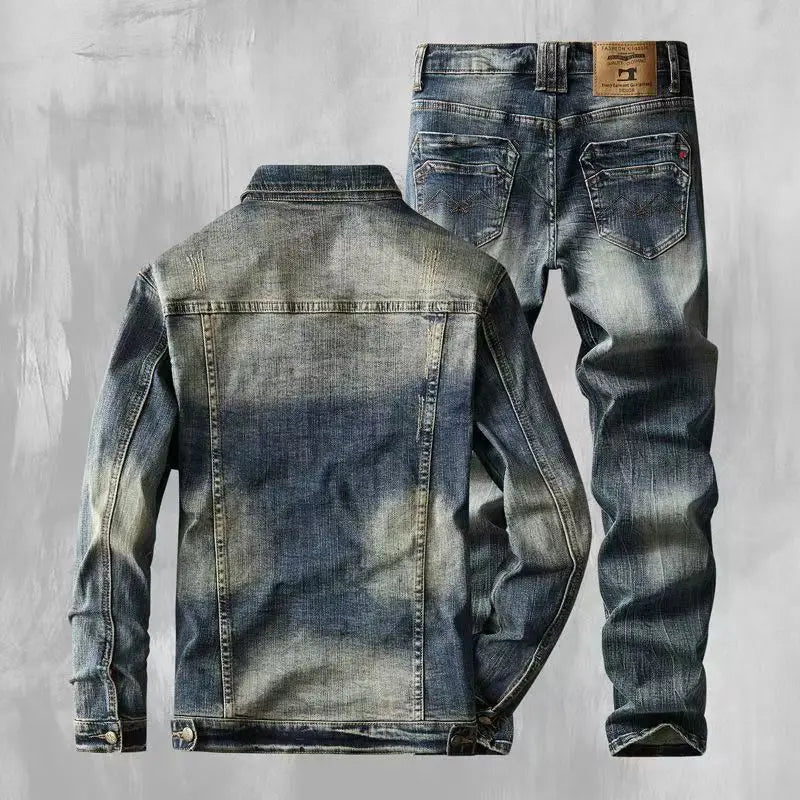 Spring Autumn New American Denim Coats Set Classic Simple and Versatile Washed Elastic Cowboy Jeans Clothes For Men