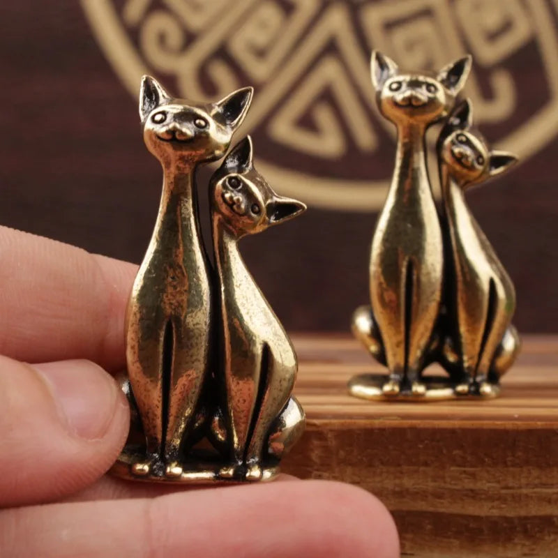 1PCS Brass Mini Double Cat Sculpture Ornament Crafts Anime Cat Ornament Home Desktop Living Room Office Small Ornament Crafts