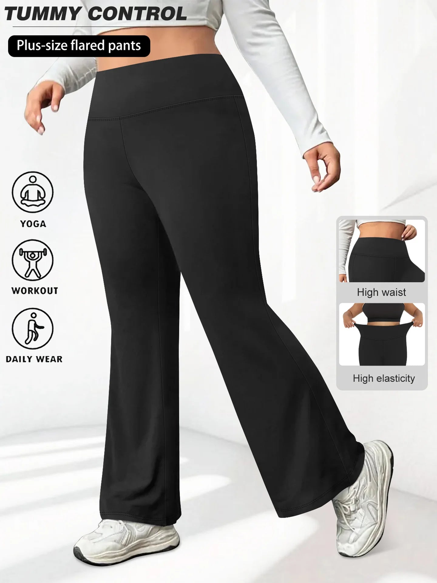 Plus Size Flared Yoga Pants High Waist Tummy Control Wide Leg Elastic Spring Autumn Slim Fitness Leggings