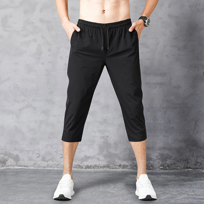 8XL 3/4 Length Men's Shorts Quick Drying Ice Silk Sport Shorts Summer Breeches Long Calf Bermuda Board Beach Elastic Big Size