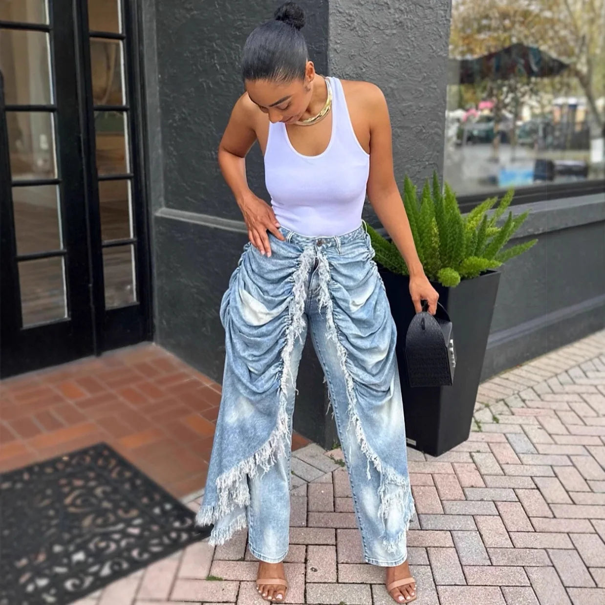 Women Solid Jeans Pants Denim Pleated Trousers Fuzzy Edge Full Lenth Mid Waist Zipper Straight Y2k Streetwear Casual 2026 Spring