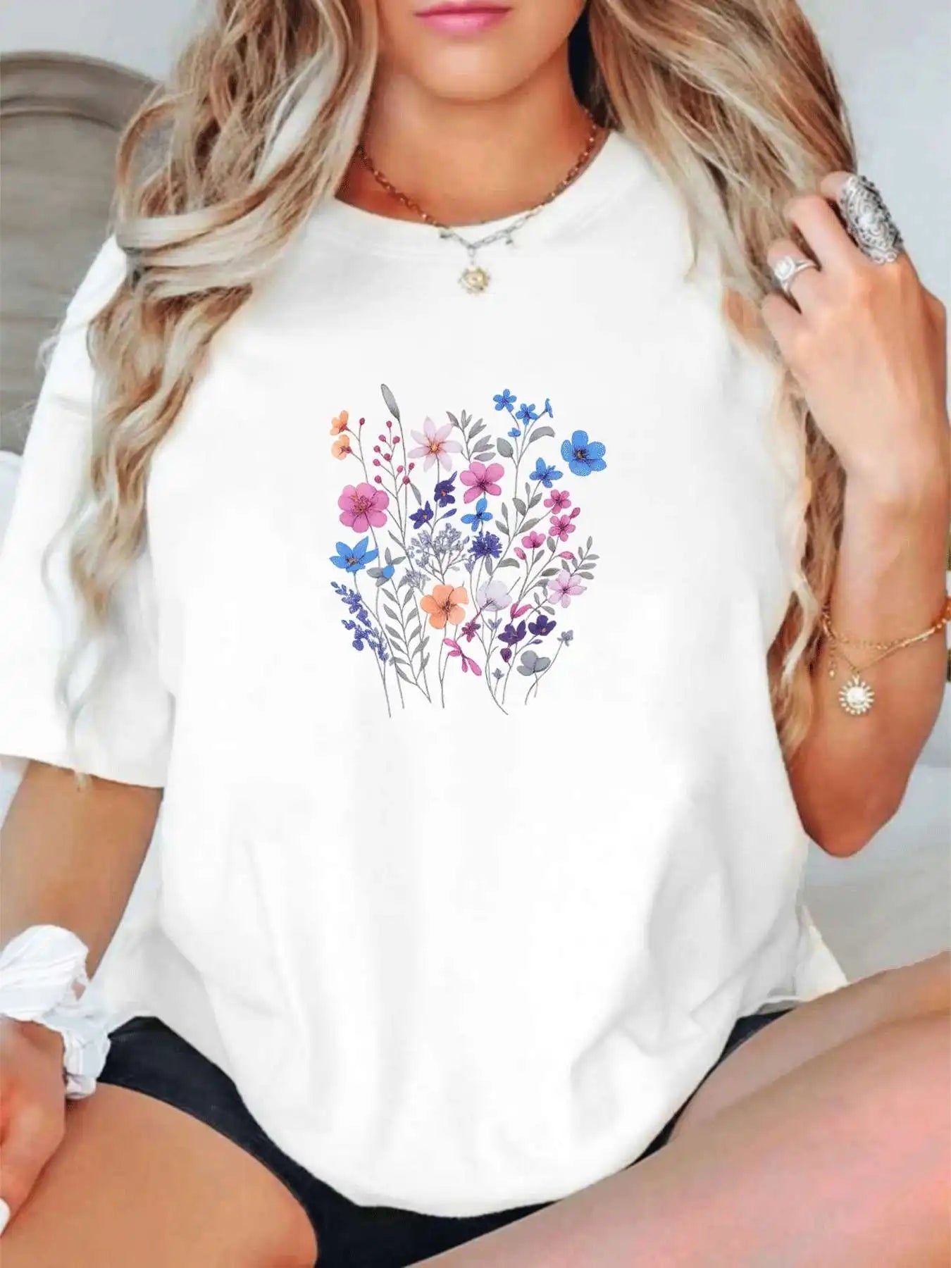 【009232】Plus size women's round neck short sleeve T-shirt with elastic half sleeves and trendy prints