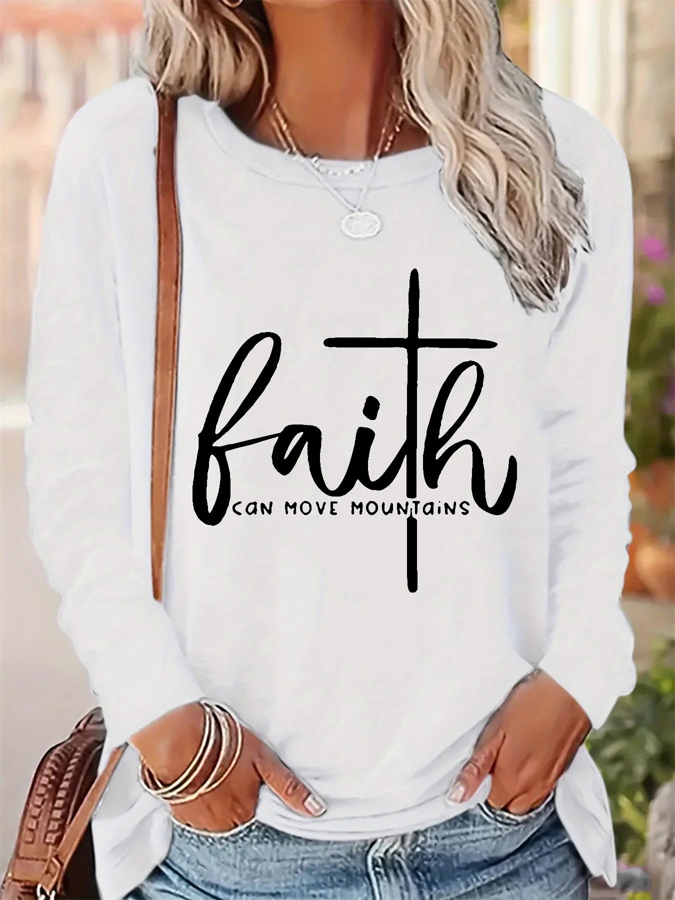 Women's Spring and Autumn 100% pure cotton fashionable casual loose letter pattern printed round neck long sleeved T-shirt top