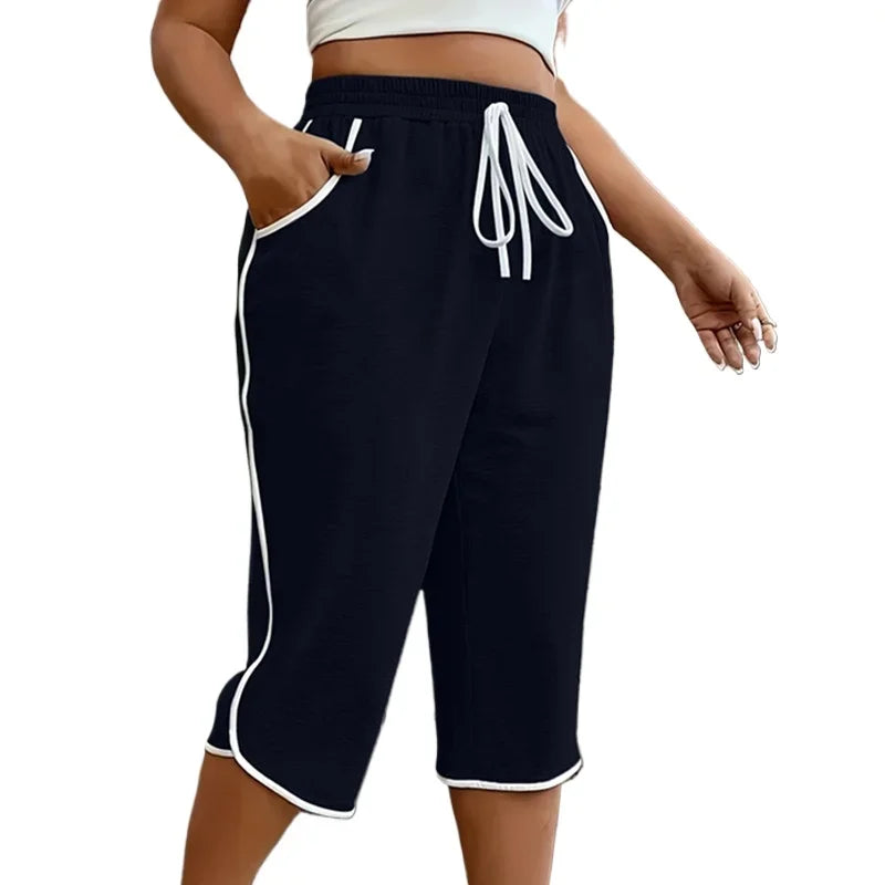Plus Size 1XL-5XL Women Fashion Comfortable Stretchy Three Quarter Pants Ladies Casual Solid Color Functional Pockets Pants