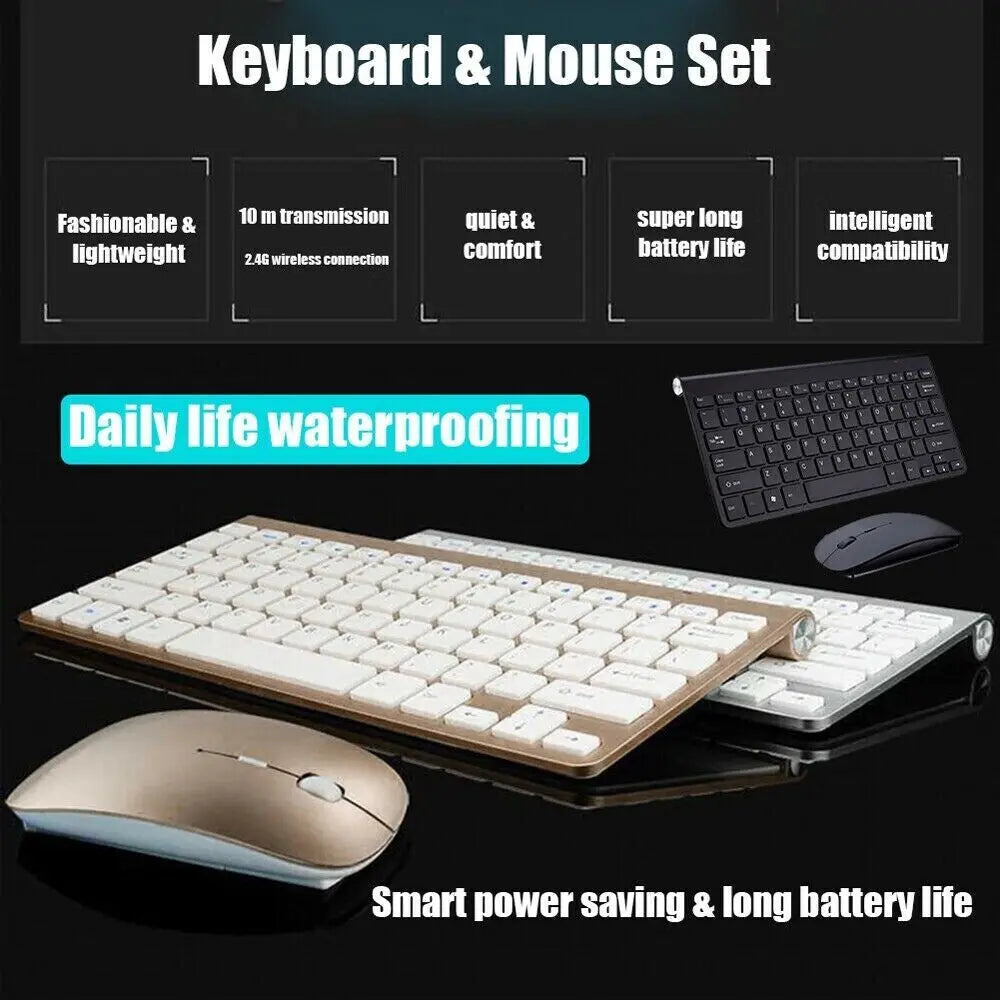 Wireless Keyboard And Mouse Set 2.4Ghz Gold For Laptop With Multimedia Keys And Silent Keys